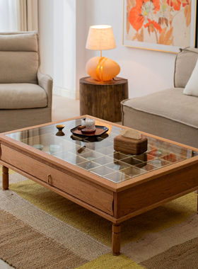 岩璞实木玻璃茶几客厅家用多宝格诧寂风中古风茶桌轻奢高级感家具