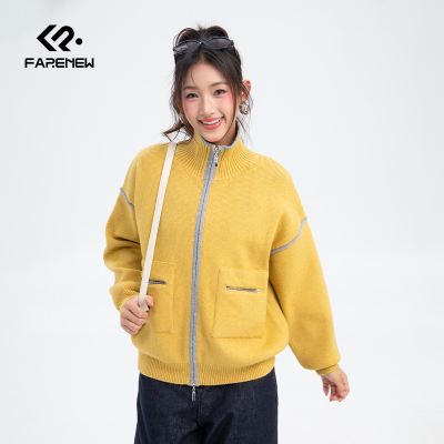 凡人优品毛织外套女立领开衫长袖上衣针织衫毛衣A044