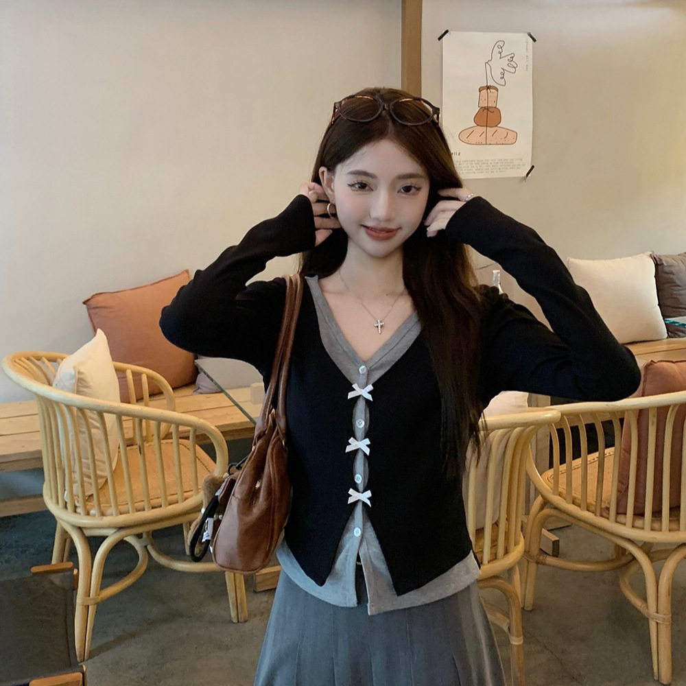 秋季2024假两件短款蝴蝶结V领小众开衫长袖T恤修身显瘦撞色上衣女