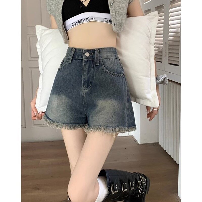 网红复古做旧高腰牛仔短裤女薄款夏季毛边显瘦辣妹a字阔腿热裤子