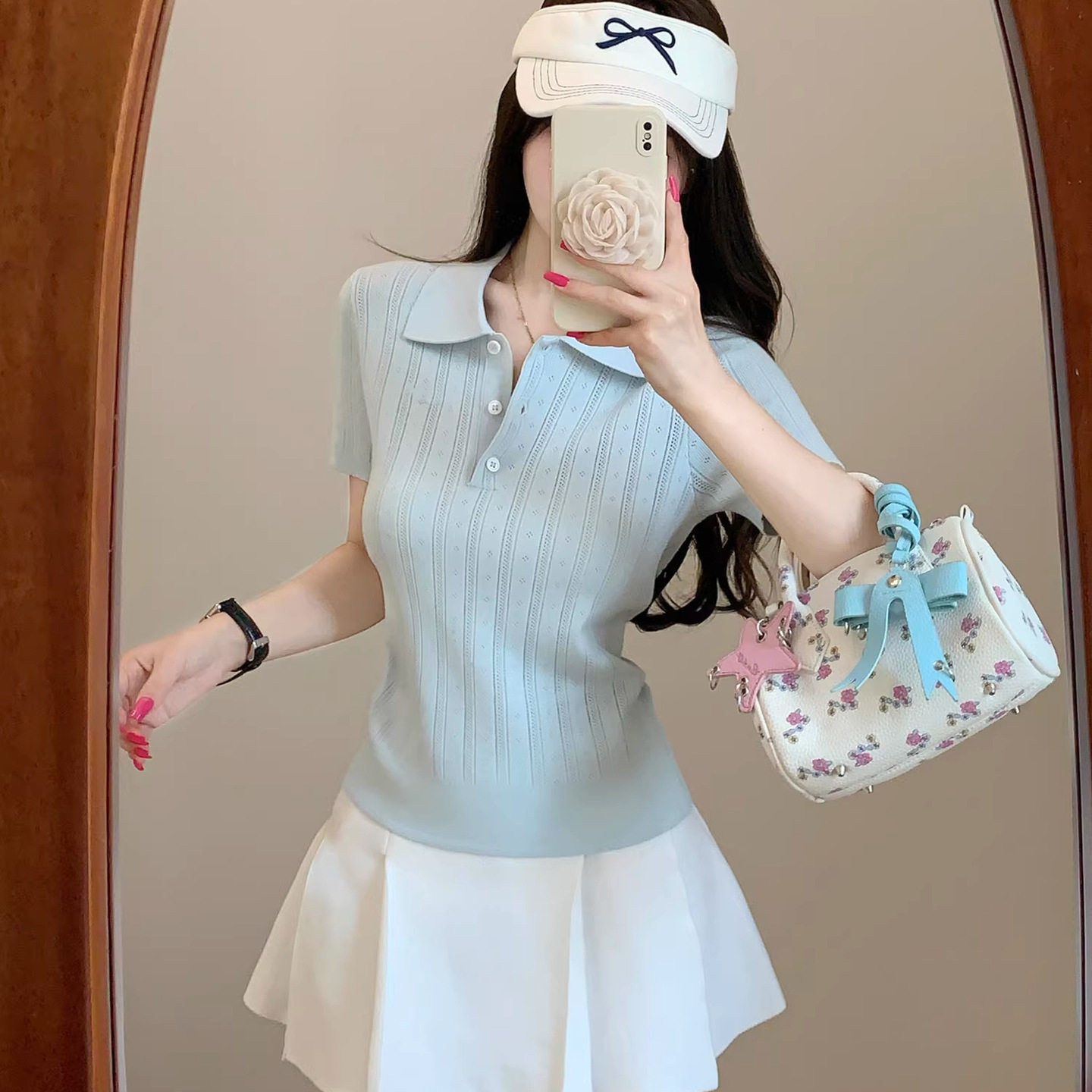 miu系蓝色polo领冰丝针织衫短袖女夏季纯欲bm风修身正肩短款上衣