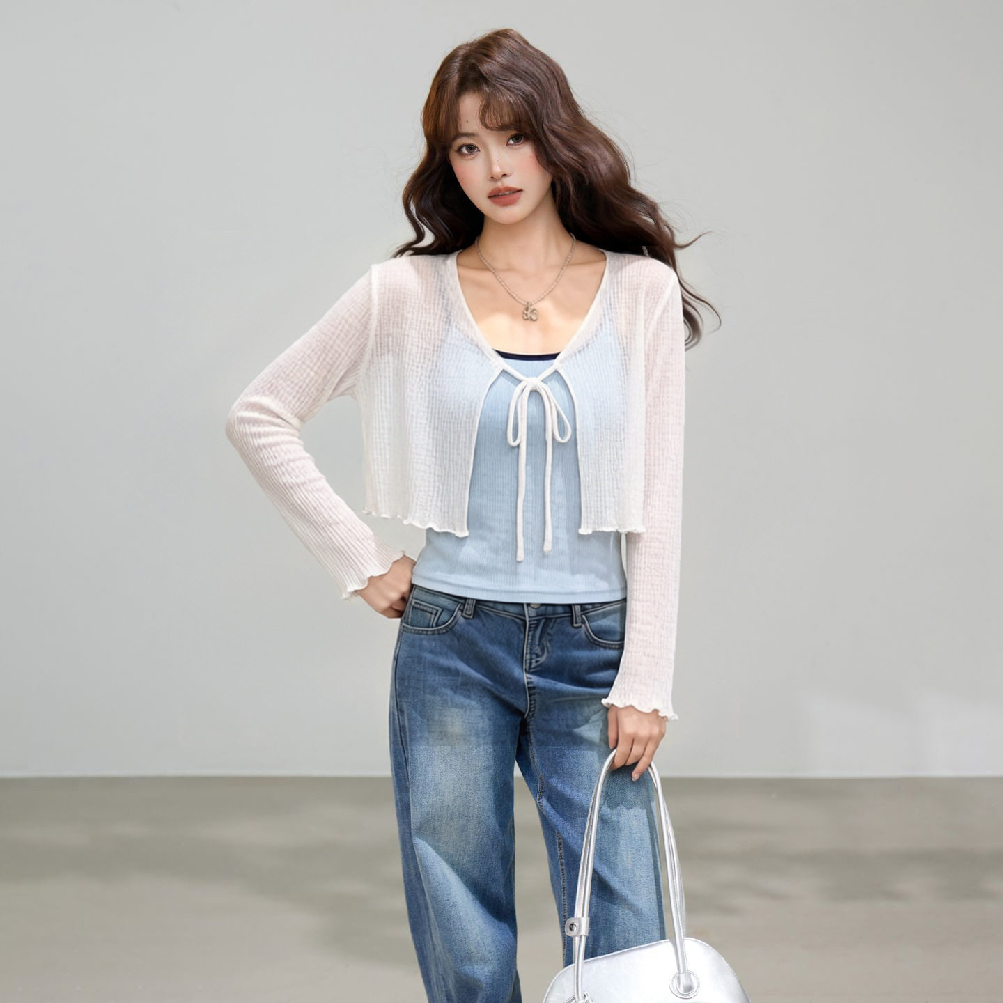 季优 春夏配吊带裙外搭长袖T恤薄款微透罩衫针织防晒开衫女上衣