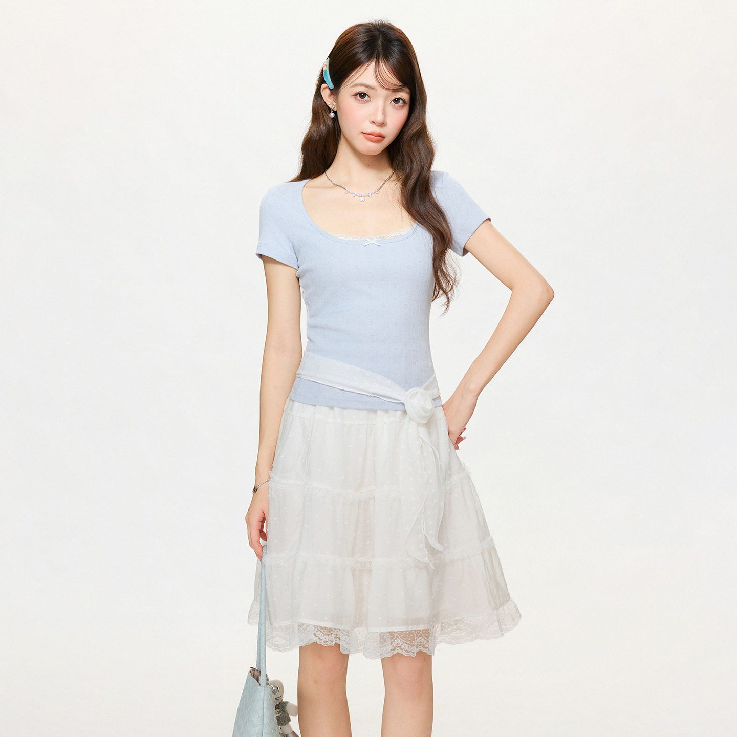 蓝色甜美风蕾丝花边蝴蝶结U领短袖T恤女20206年夏季修身短款上衣