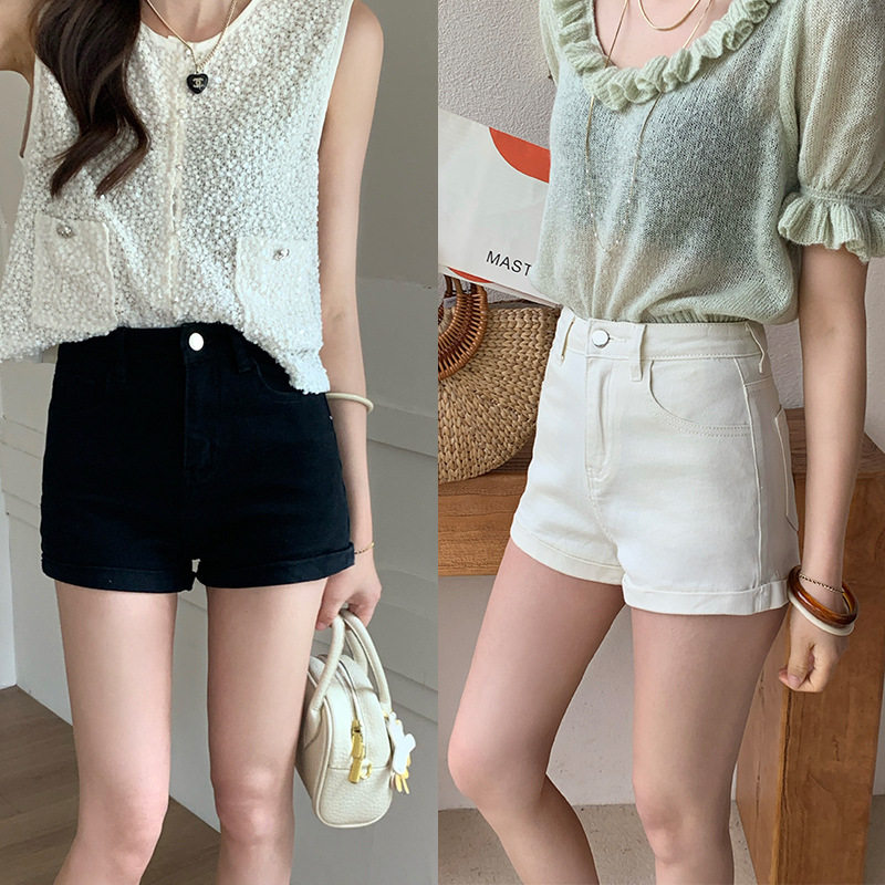 米白色高腰牛仔短裤女夏季显瘦卷边弹力小个子超短热裤子潮