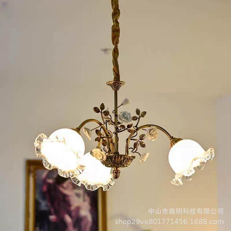 法式全铜花苞vintage吊灯中古风客厅餐厅古典卧室浪漫玫瑰铜花灯