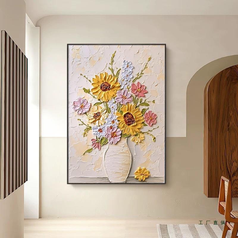 奶油风花卉大芬村客厅玄关装饰画厚肌理手绘油画温馨床头挂画
