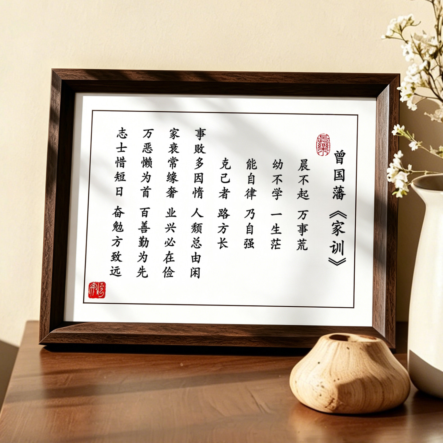 曾国藩家训家规晨不起万事荒字画摆件励志相框书法实木摆台挂画a4