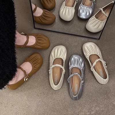 法式仙女风褶皱皮鞋女2025夏季新