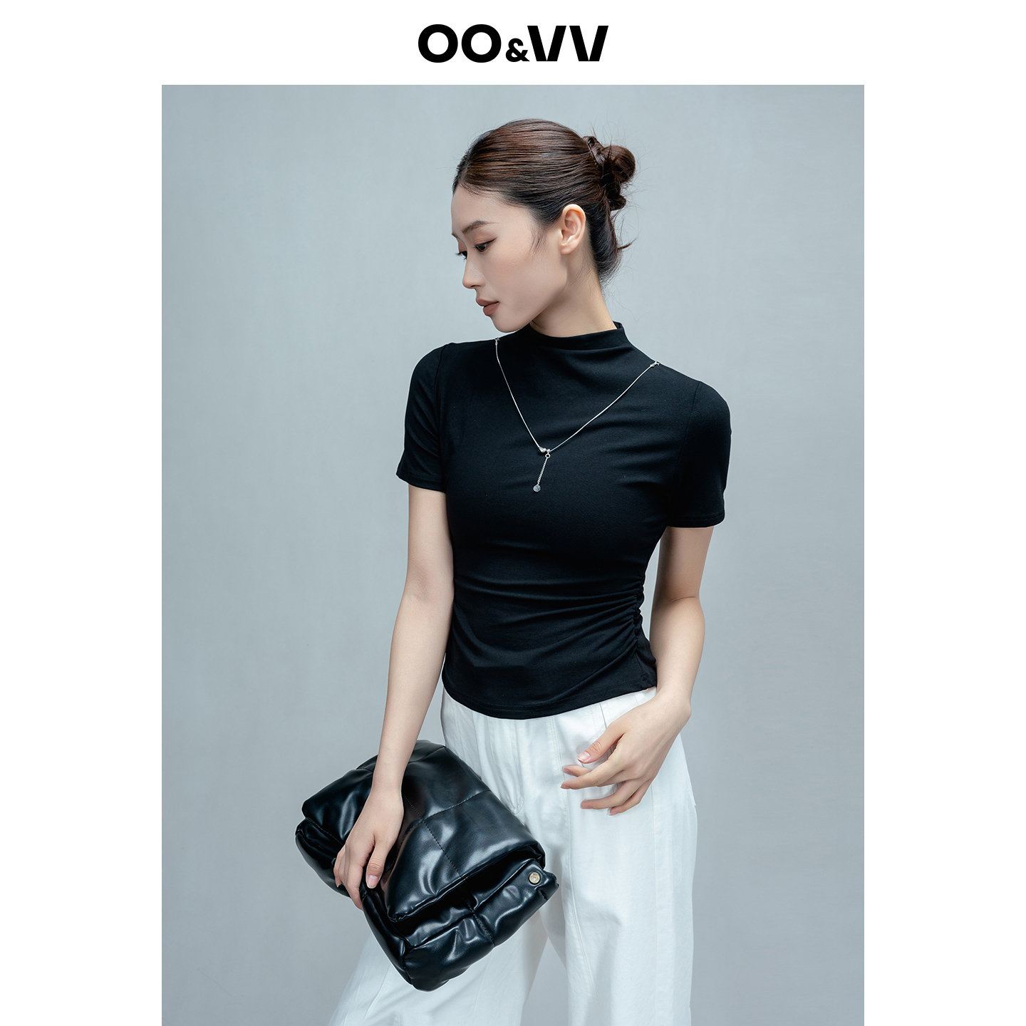 oo&vv弹力黑色半高领短袖T恤女2025秋修身显瘦百搭休闲收腰上衣新
