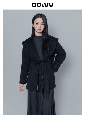 oo&vv大方领双面呢羊绒大衣女25冬系带收腰小个子设计感天丝外套