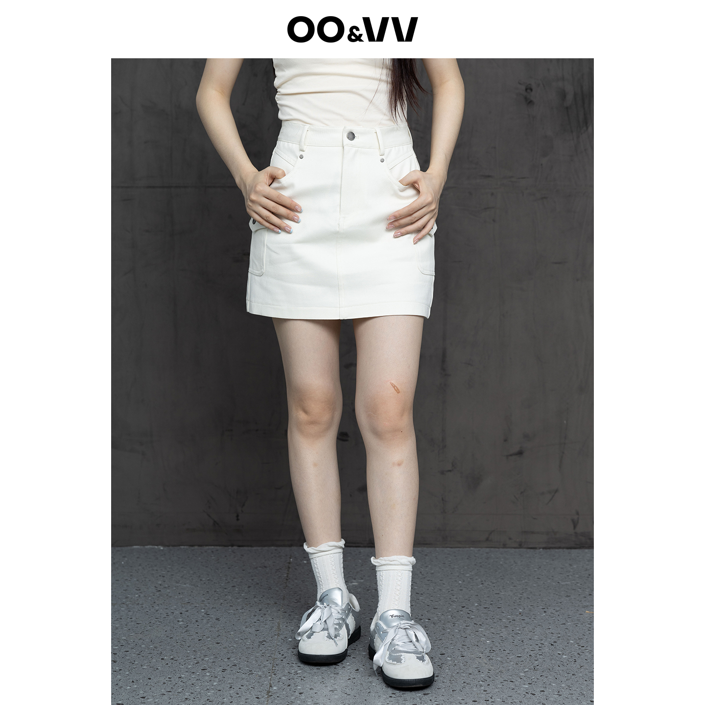 oo&vv白色高腰纯棉牛仔半身裙女2025秋新款显瘦休闲包臀a字裙工装