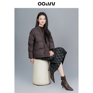 oo&vv暖乎乎冬日中长款羽绒服女咖色V领时尚气质大码保暖鸭绒外套