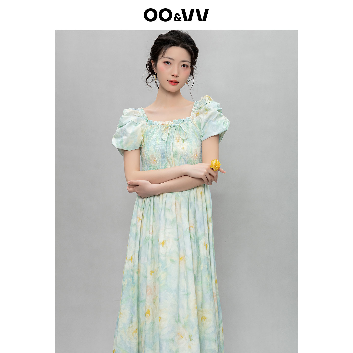 oo&vv纯棉法式油画印花泡泡袖连衣裙女夏2025新款收腰百褶大裙摆