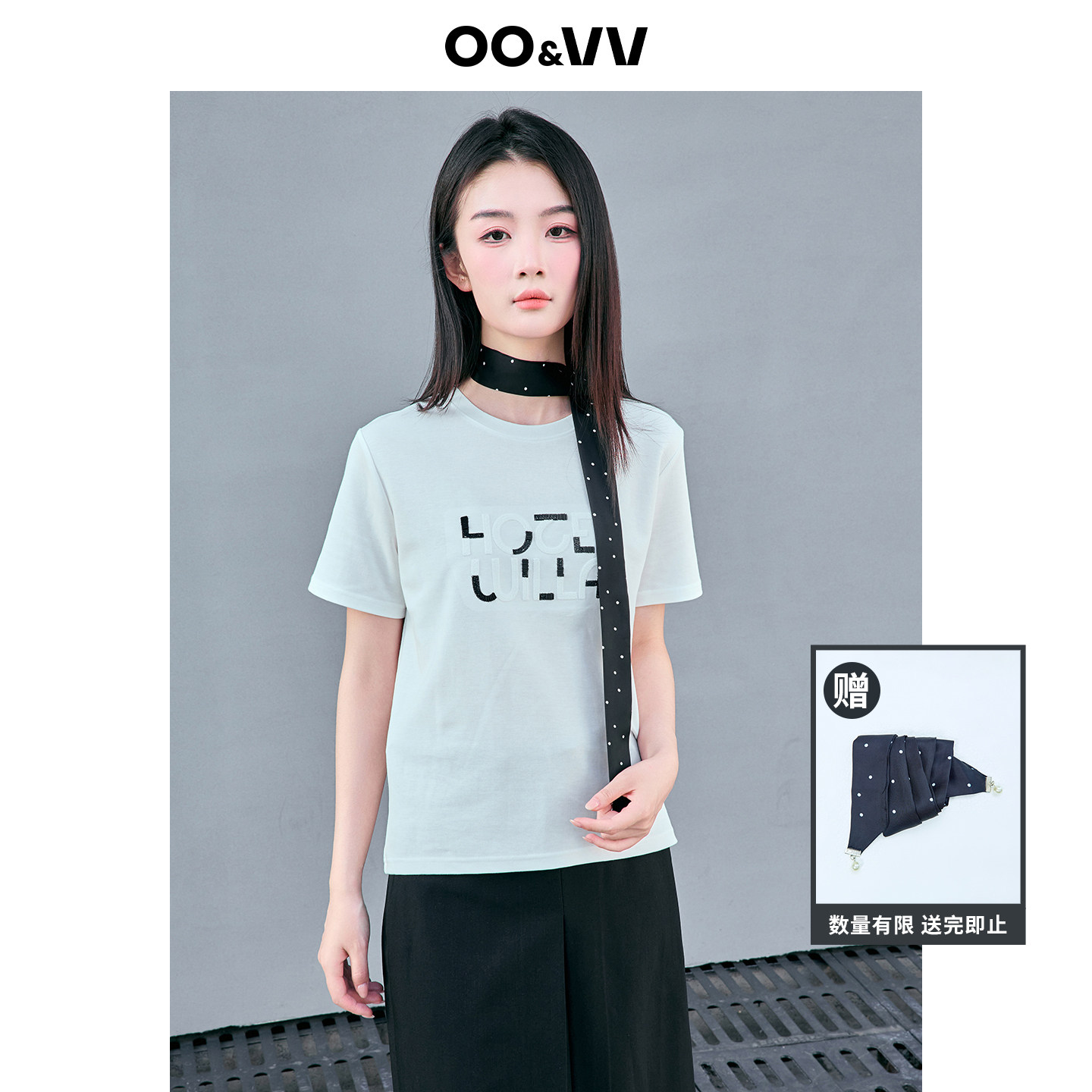 oo&vv字母刺绣短袖T恤女2026夏薄款韩系小众简约时尚飘带姐系穿搭图片