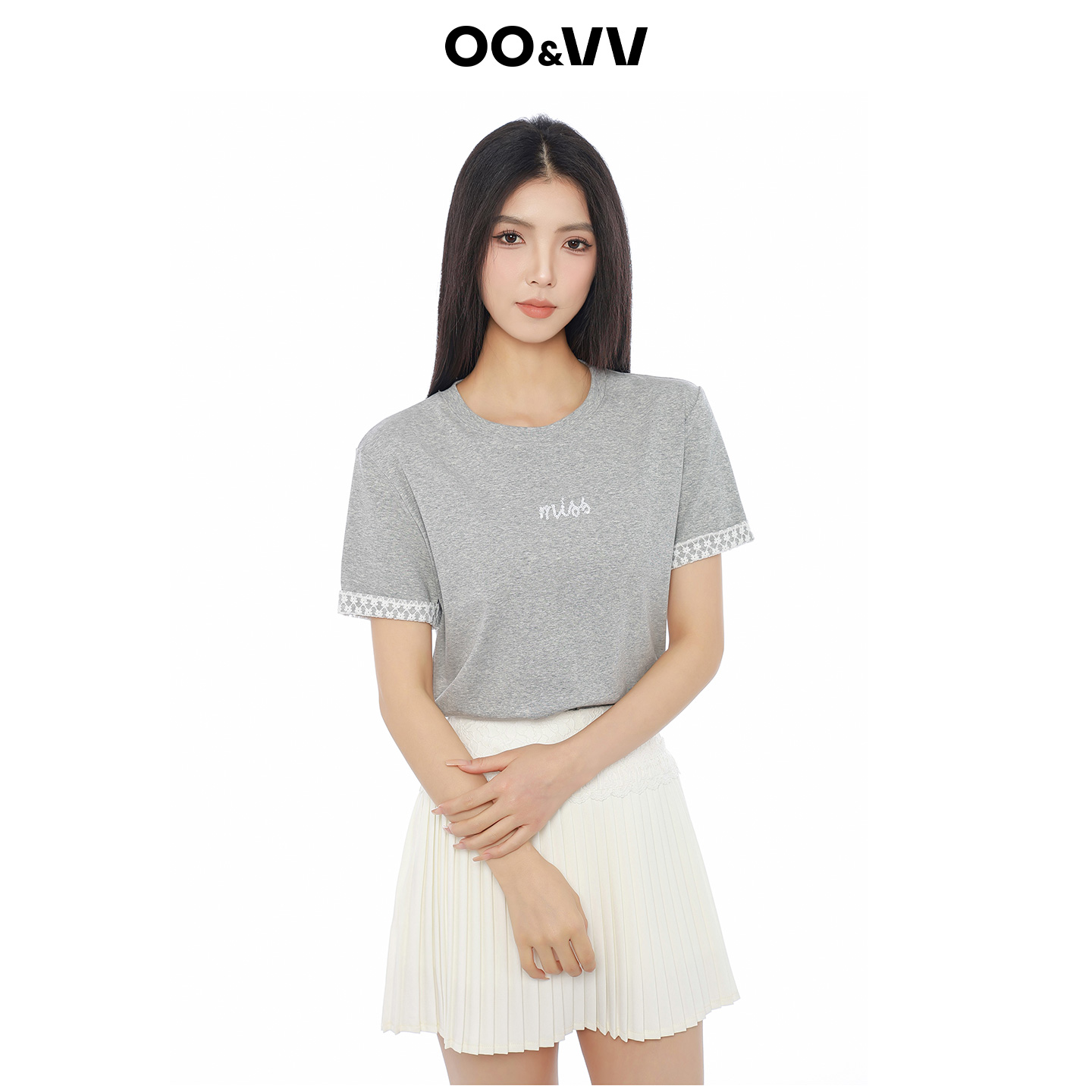 oo&vv纯色拼接T恤女短袖2025新款修身休闲百搭上衣袖拼接性感蕾丝