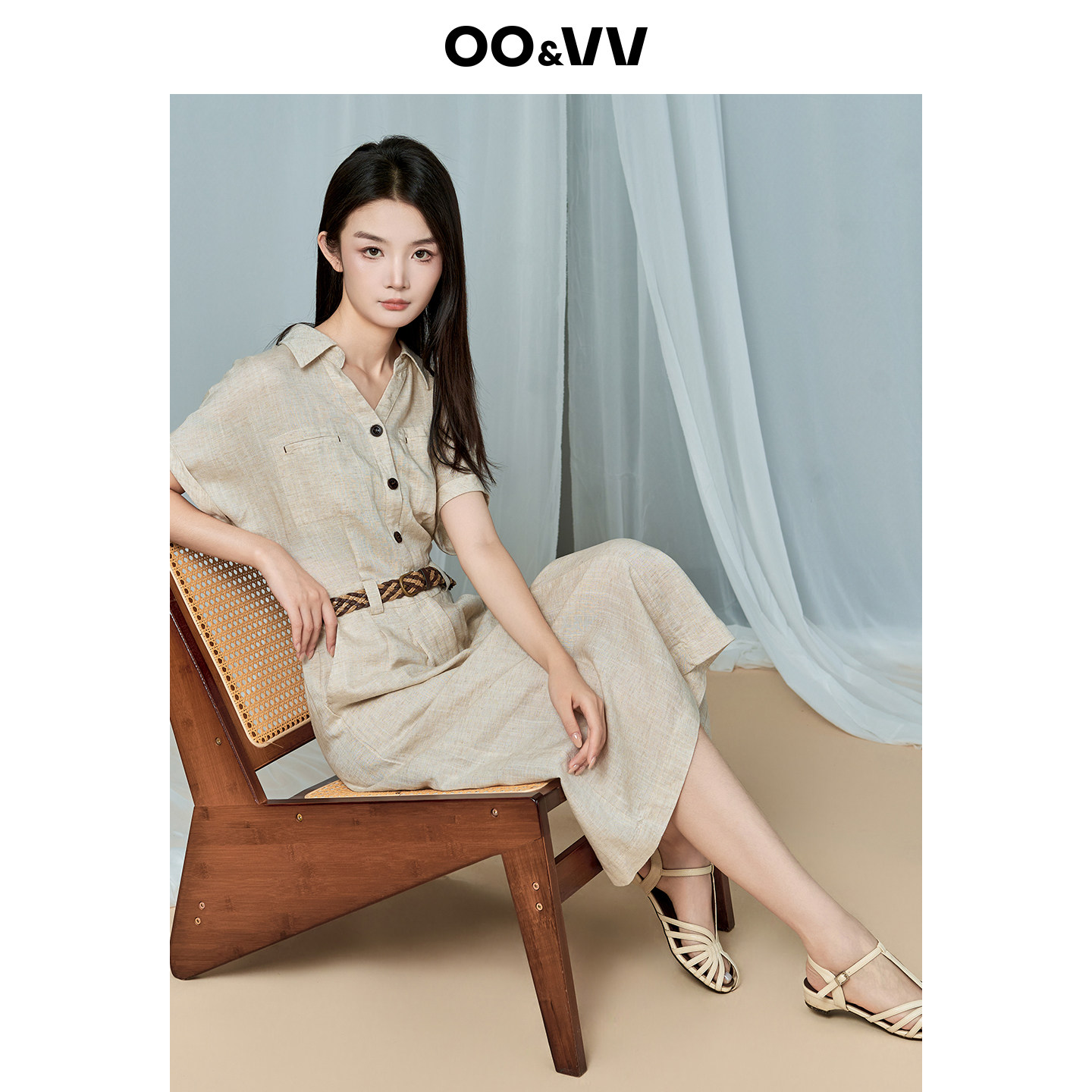 oo&vv简约风亚麻连衣裙女2026夏韩版气质通勤收腰衬衫绑带中长裙