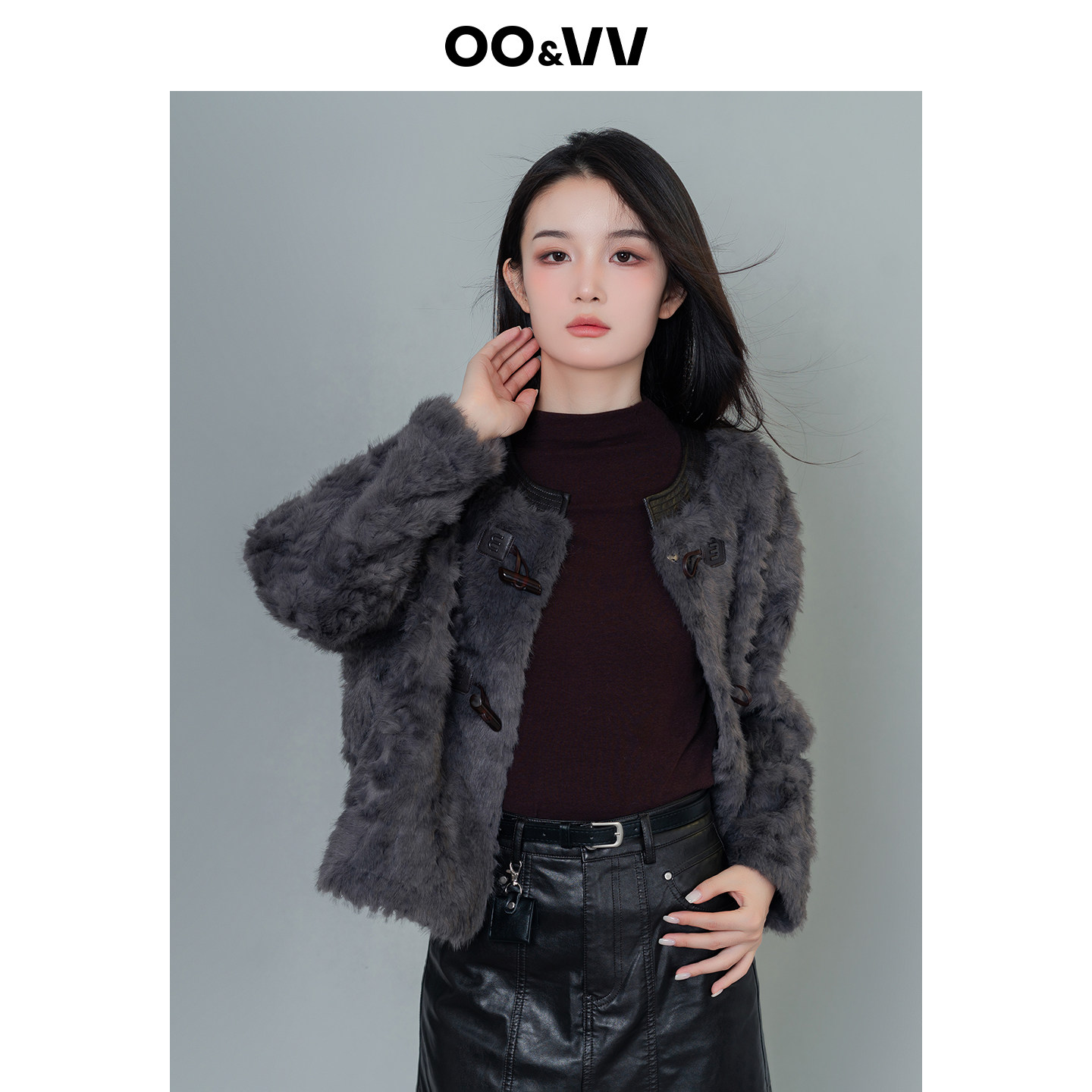 oo&vv灰色牛角扣仿皮草外套女25冬短款毛绒保暖显瘦高级感短外套