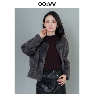 oo&vv灰色牛角扣仿皮草外套女25冬短款 毛绒保暖显瘦高级感短外套