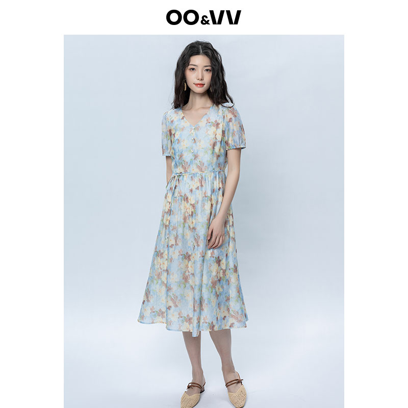 oo&vv法式油画风浪漫花园印花V领收腰显瘦系带连衣裙女2025夏新款