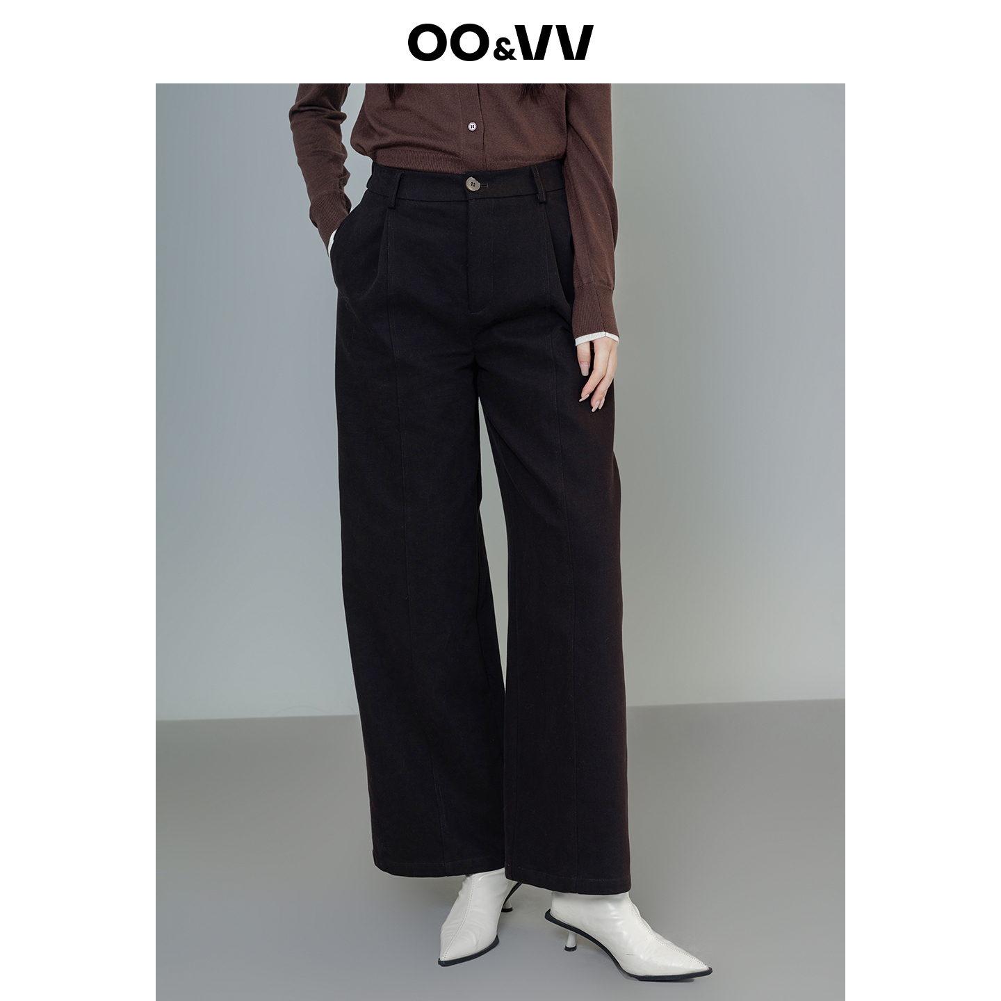 oo&vv宽松舒适休闲裤女2025秋冬新款时尚简约空气针织直筒阔腿裤