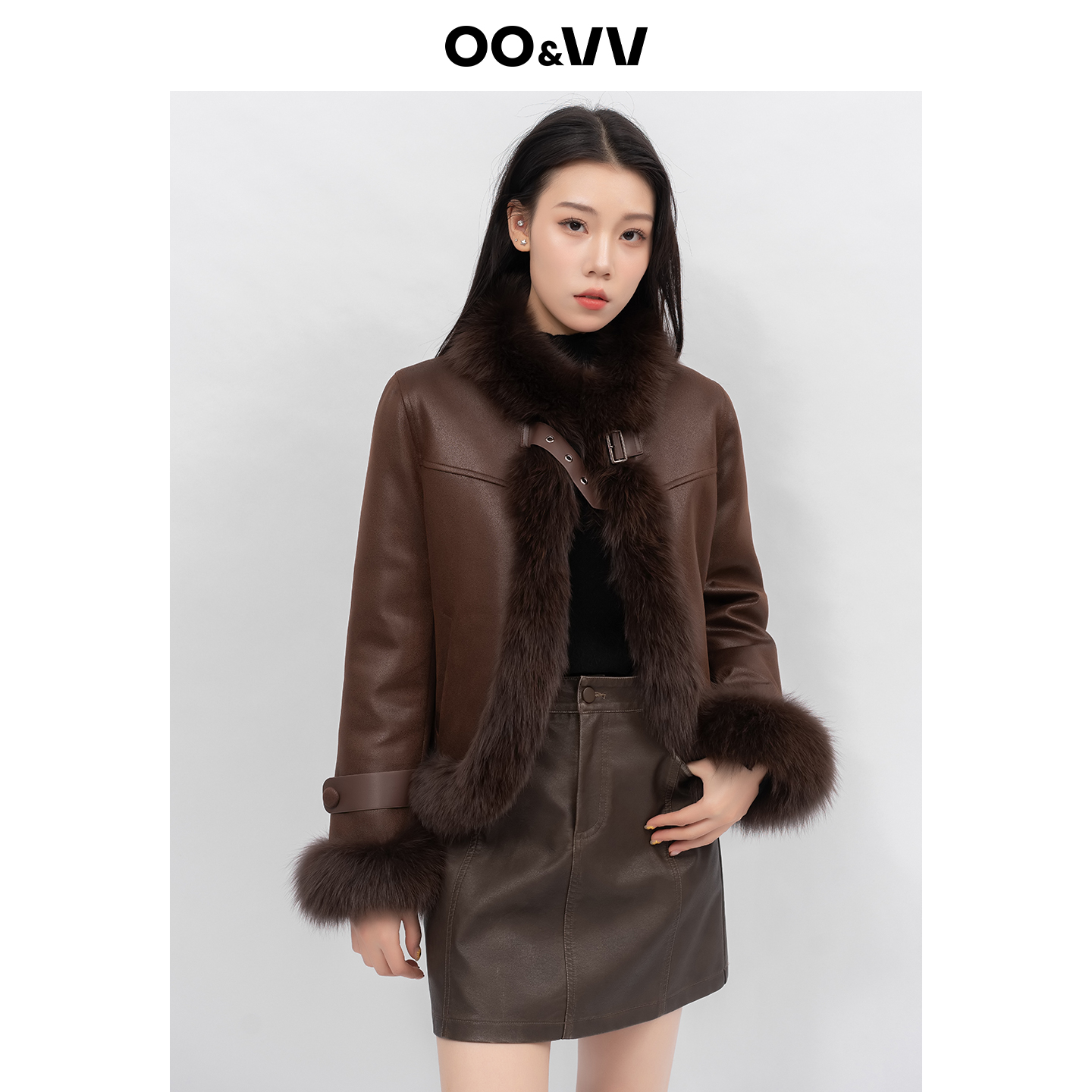 oo&vv复古简约风毛领皮草外套女短款棕色气质保暖时尚25冬季新款