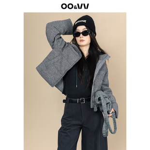 oo&vv棉麻质感加厚保暖羽绒服女冬90鸭绒灰色宽松百搭保暖外套新