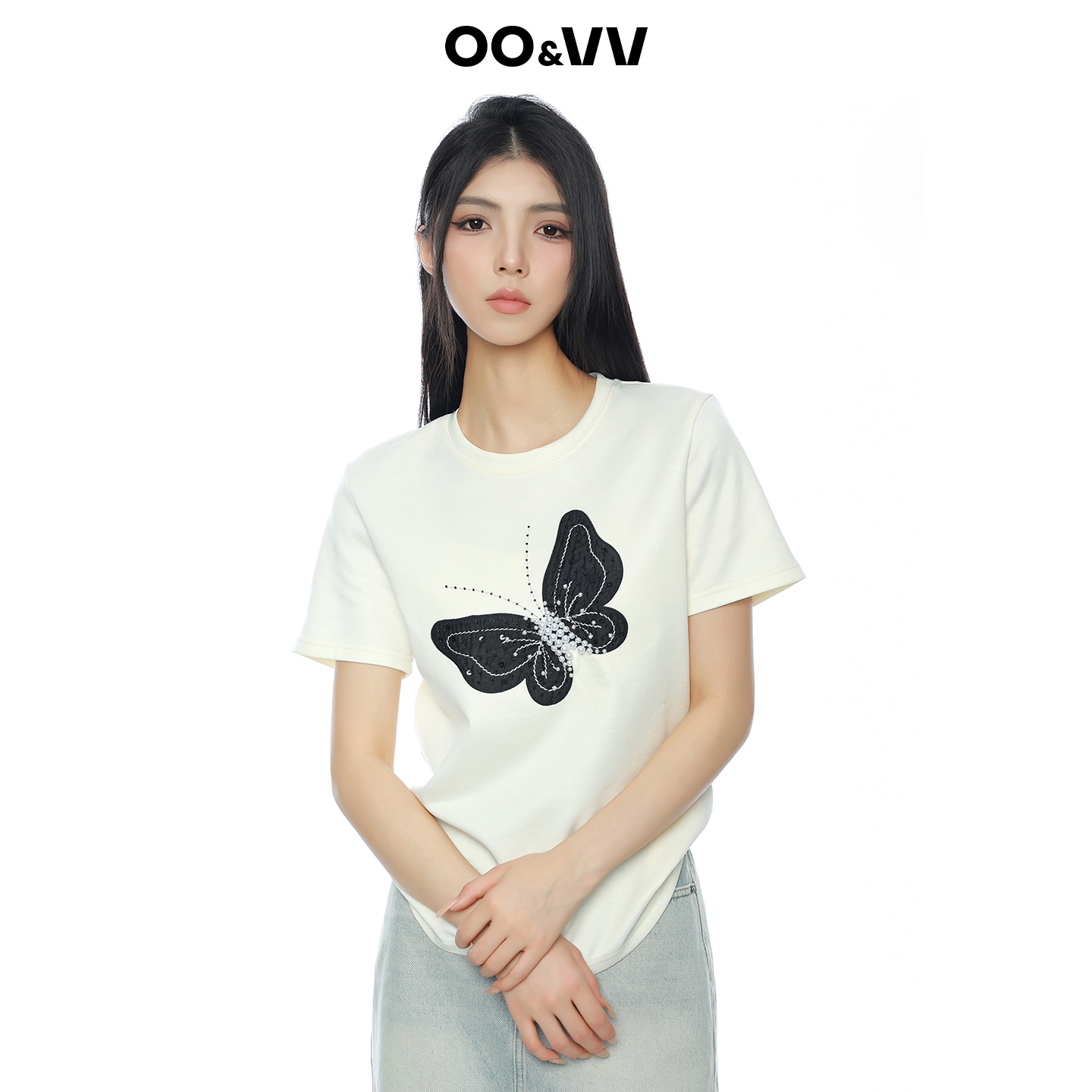 oo&vv白色刺绣蝴蝶短袖T恤女2025夏新款宽松休闲百搭圆领印花上衣