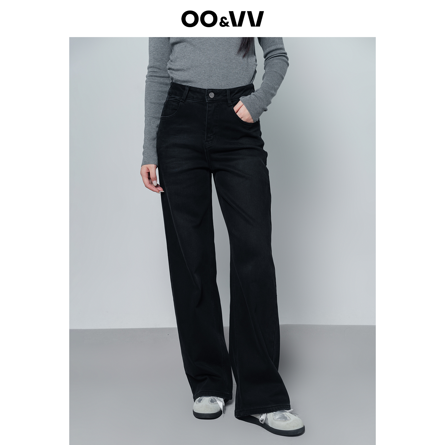 oo&vv韩式休闲风灰色高腰阔腿牛仔裤女2025秋冬加厚保暖直筒长裤