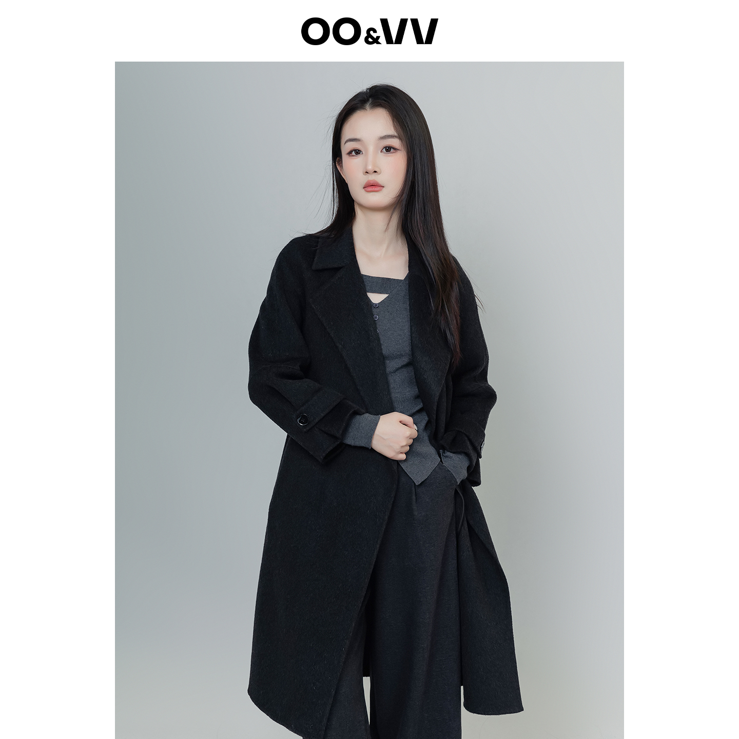 oo&vv老钱风双面羊毛大衣女25冬中长款黑色毛呢保暖外套极简廓形
