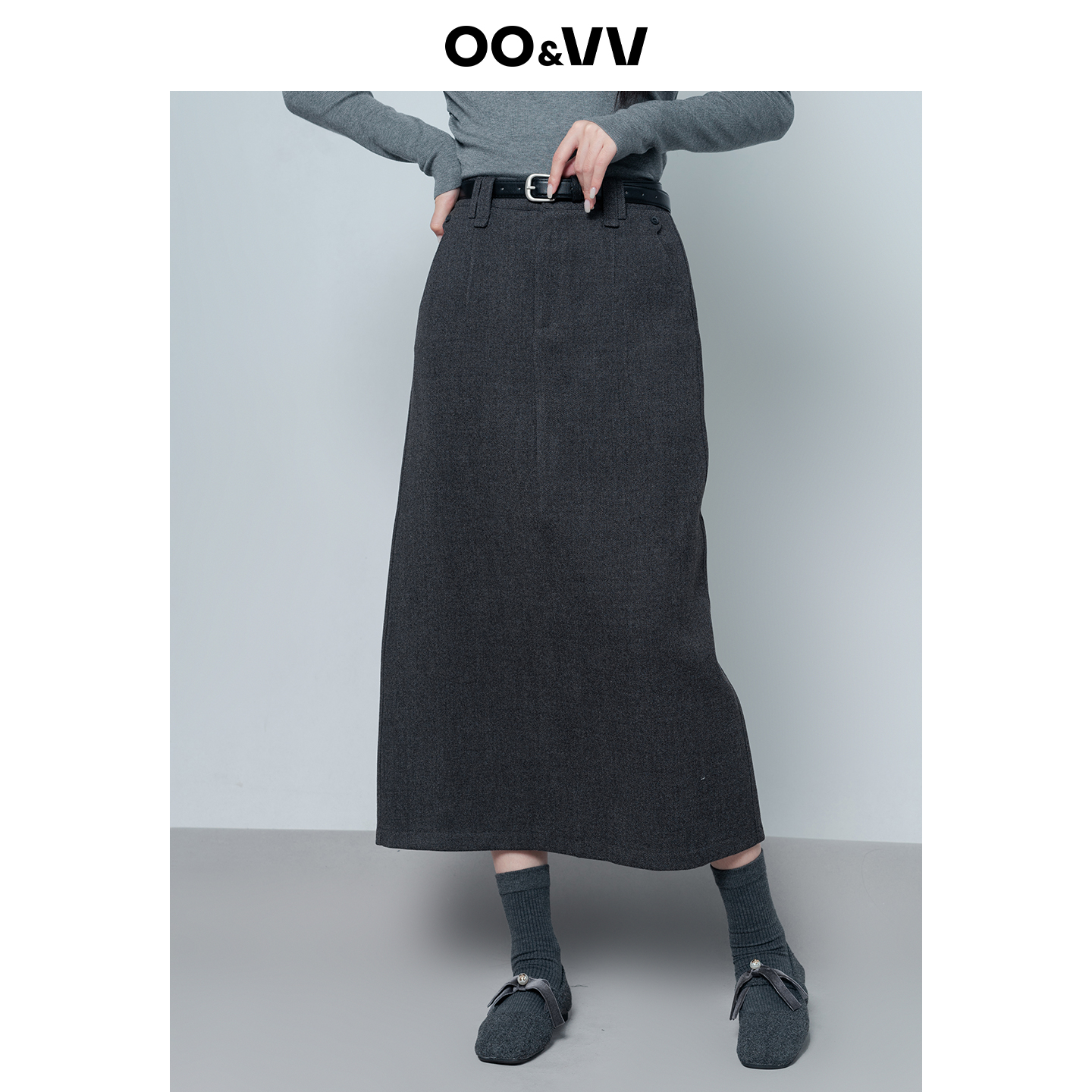 oo&vv极简风毛呢半身裙女2025冬高腰显瘦百搭包臀一步裙中长款新