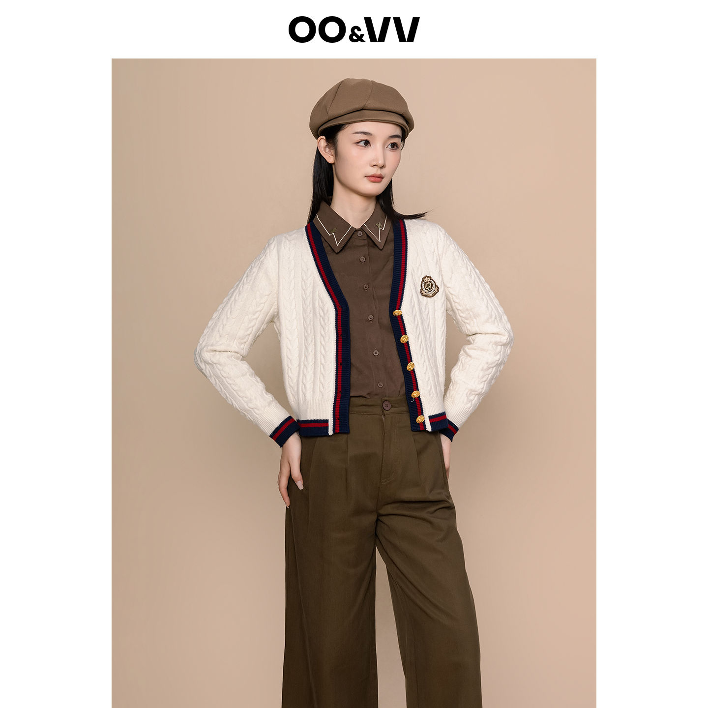 oo&vv英伦风V领撞色拼接针织开衫女25秋冬新款显瘦麻花毛衣外套