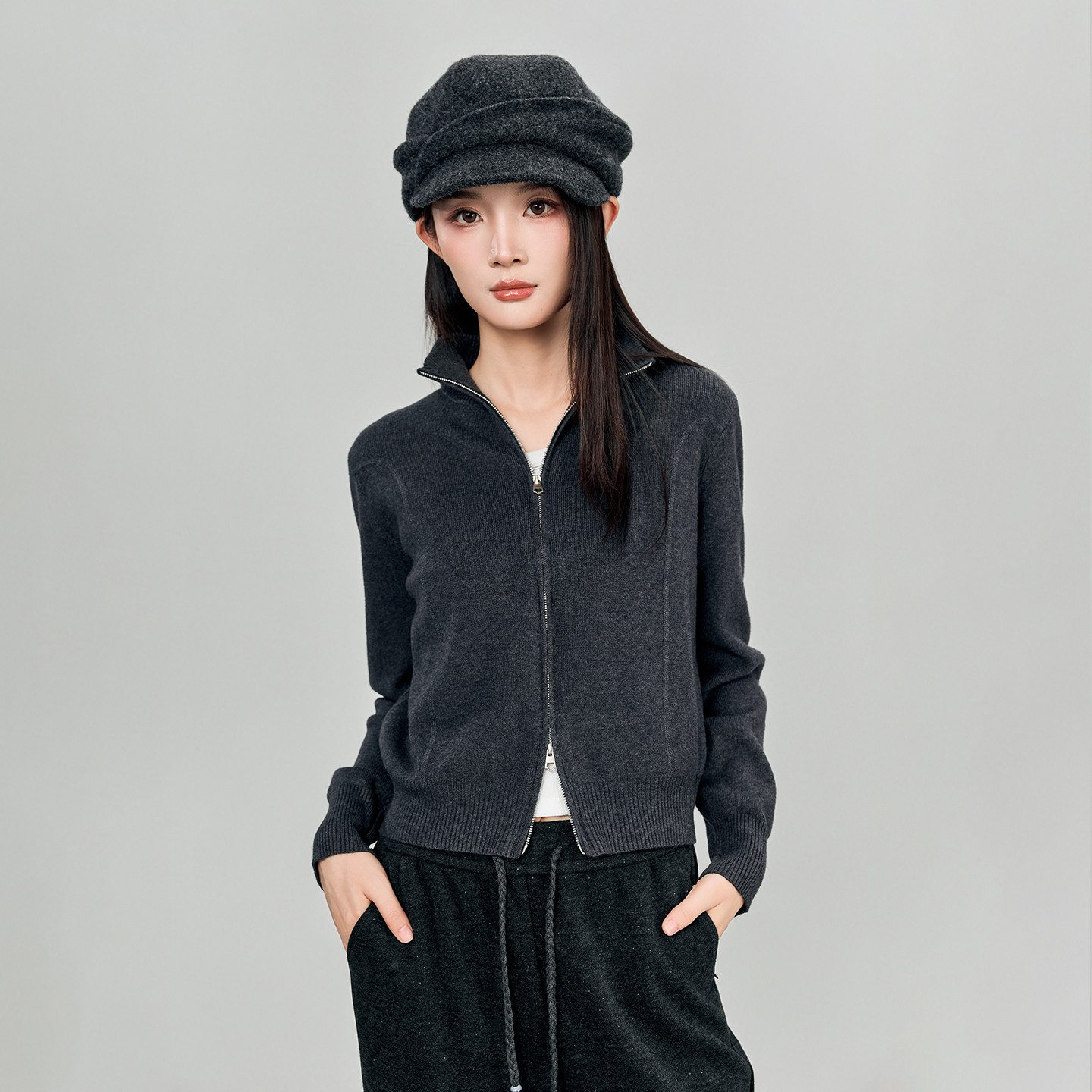 oo&vv慵懒风立领双拉链针织开衫女26秋修身短款灰色显瘦毛衣外套