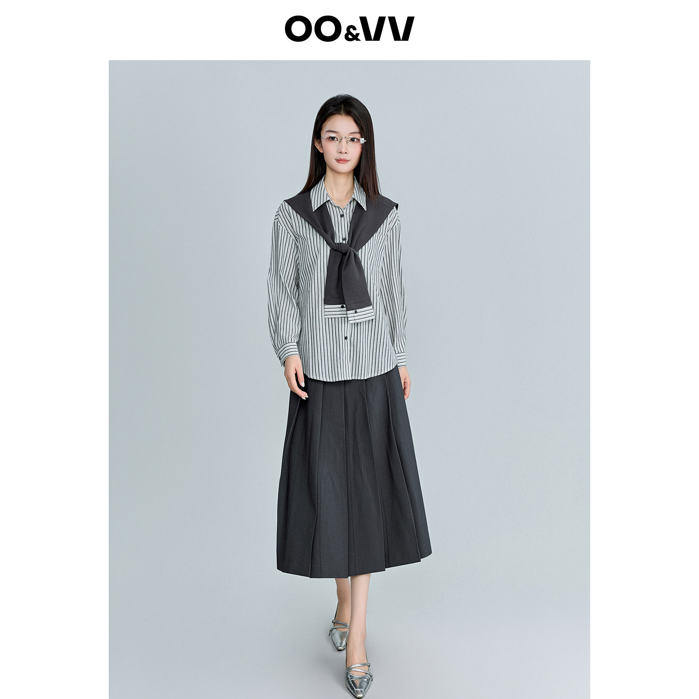 oo&vv学院风条纹衬衫+针织海军披肩假两件女2026秋长袖翻领通勤新