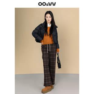 oo&vv拼接条绒格纹系带直筒裤女冬高腰宽松显瘦舒适保暖抗冻卫裤