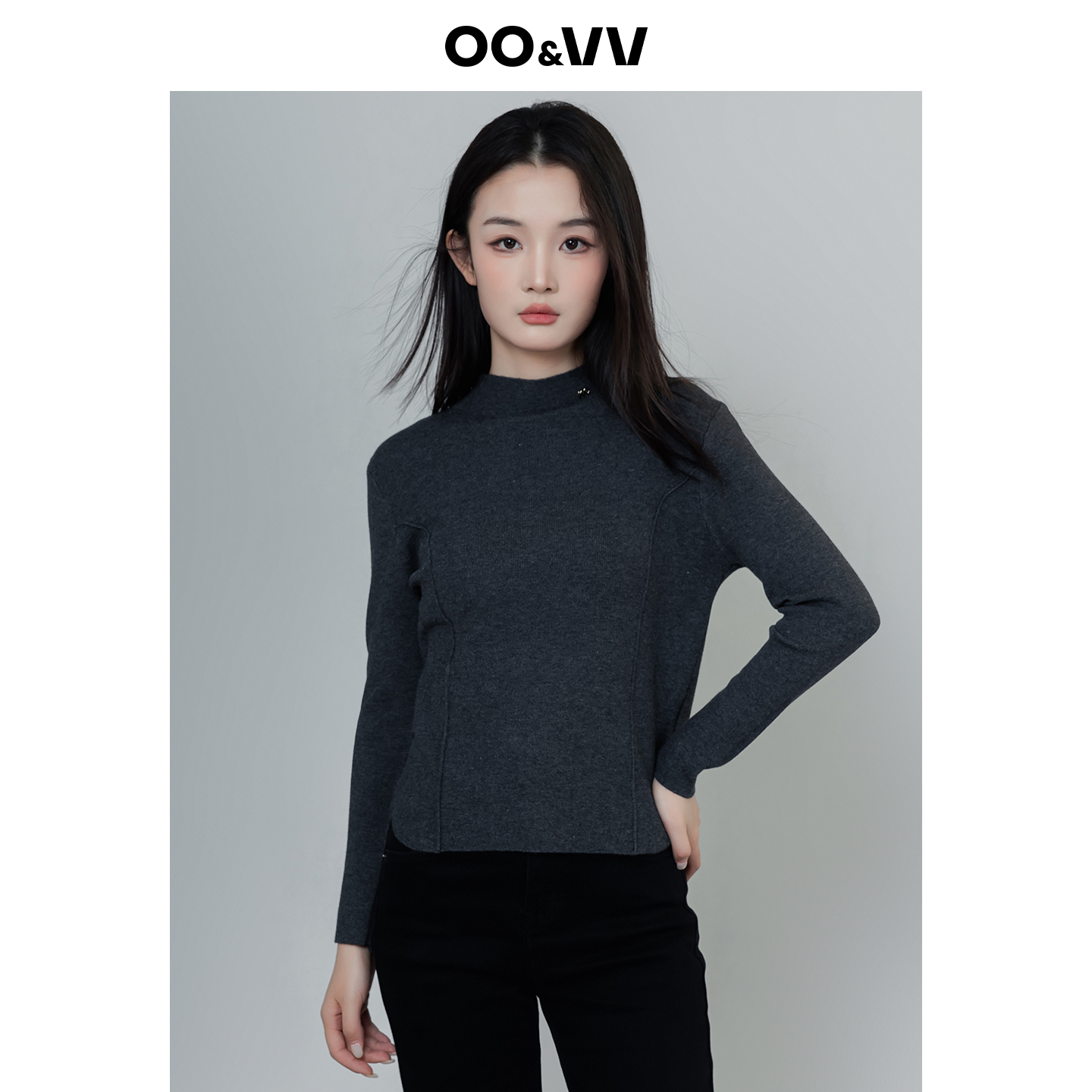 oo&vv极简风半高领套头毛衣女25秋冬修身百搭针织衫打底保暖上衣