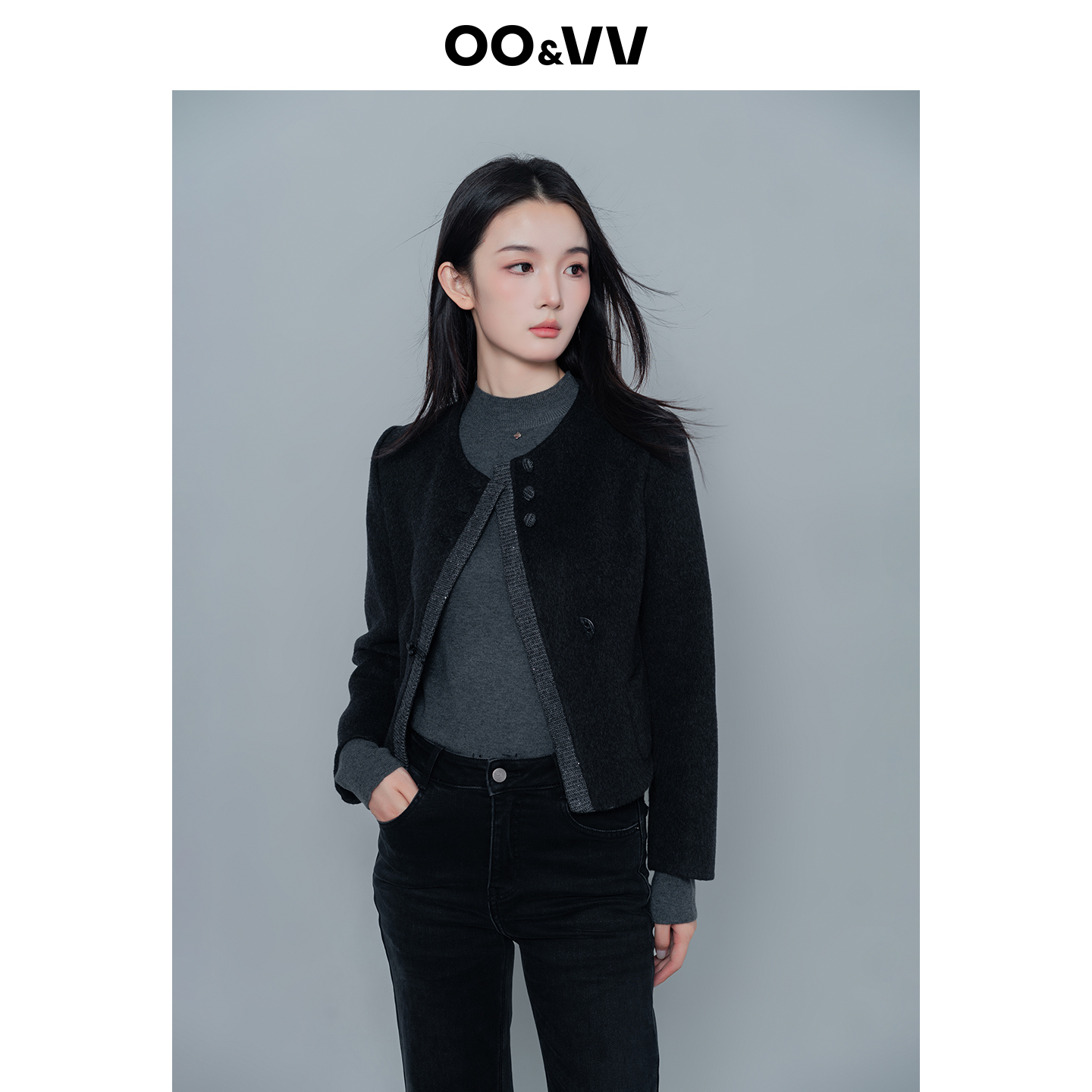 oo&vv柔软舒适双面羊绒外套女2025秋冬短款小香风羊毛呢外套上衣
