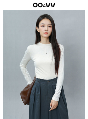 oo&vv白色弹性打底衫女2025秋新圆领长掐腰显瘦通勤内搭针织衫灰