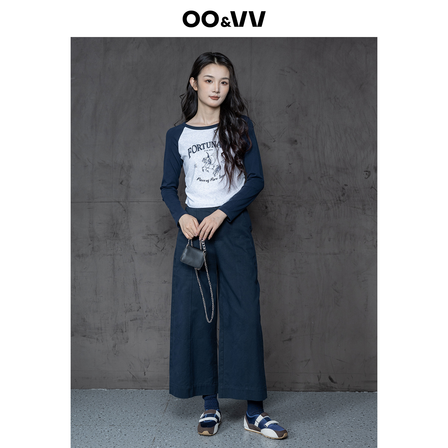 oo&vv蓝色阔腿休闲裤女2025秋新高腰显瘦百搭直筒垂感宽松九分裤