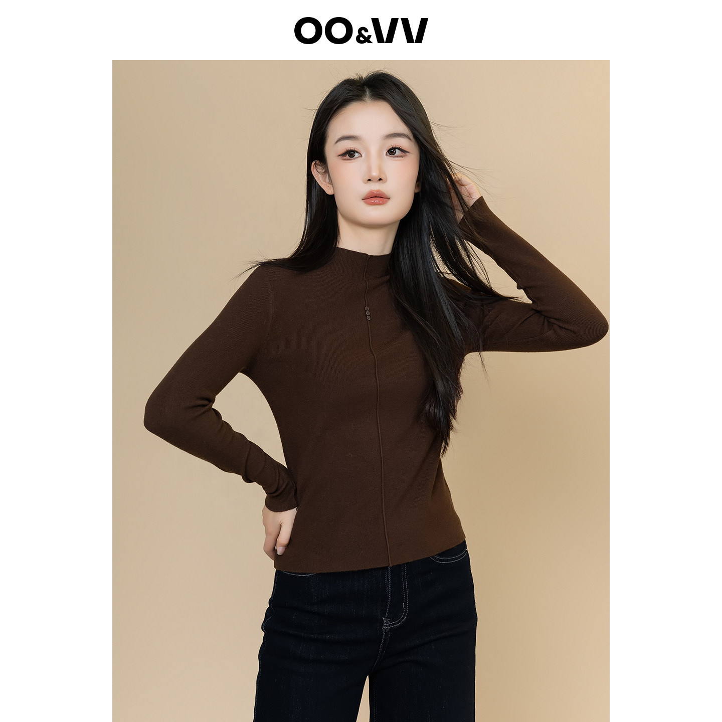 oo&vv知性学术风半高领针织衫女冬高级感内搭打底衫保暖毛衣上衣