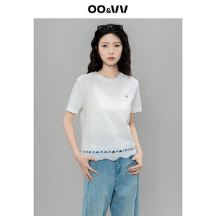 T恤女2025夏新圆领白色上衣 oo&vv设计感波浪边几何图镂空拼接短袖