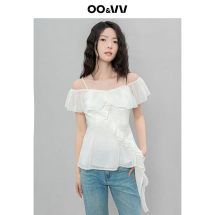 oo&vv法式温柔风一字肩荷叶边吊带衬衫女2025夏季新款设计感上衣