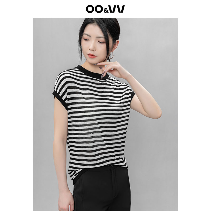 oo&vv黑白条撞色圆领套装针织衫女2025夏季新款修身短袖衬衣薄T恤