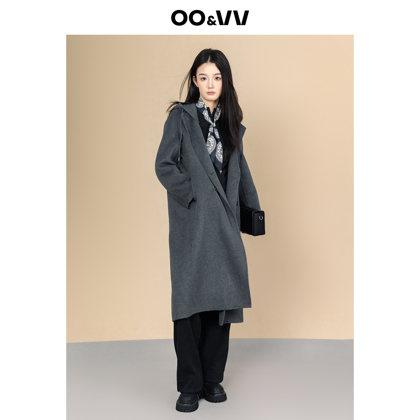oo&vv轻奢极简风灰色毛呢大衣女长款翻领连帽宽松羊毛呢外套冬新,女装/女士精品,毛呢外套,淘宝优惠券,粉丝福利购,淘宝优惠卷