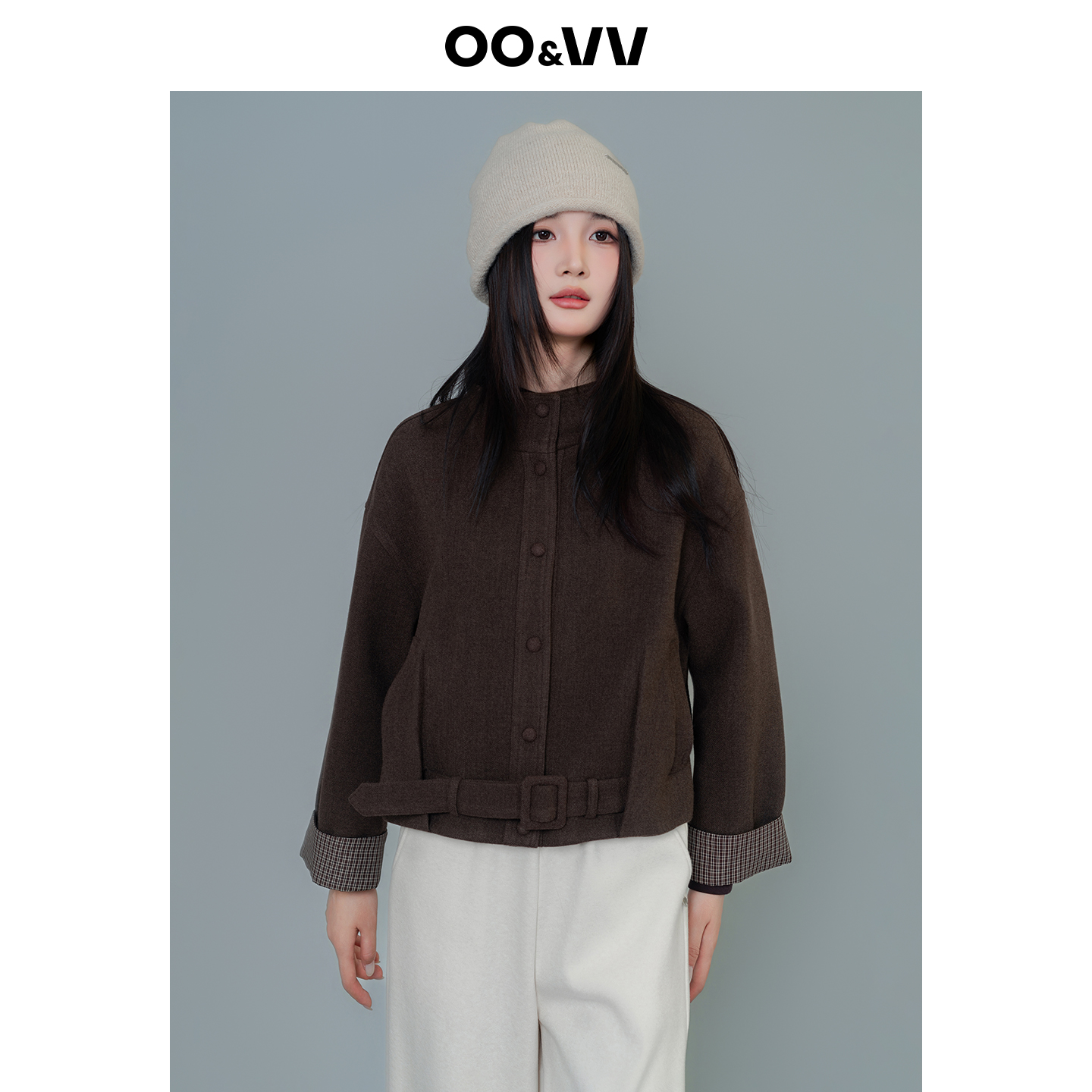 oo&vv羊毛呢休闲短款外套女2025秋冬咖色微绒感复古长袖撞色上衣