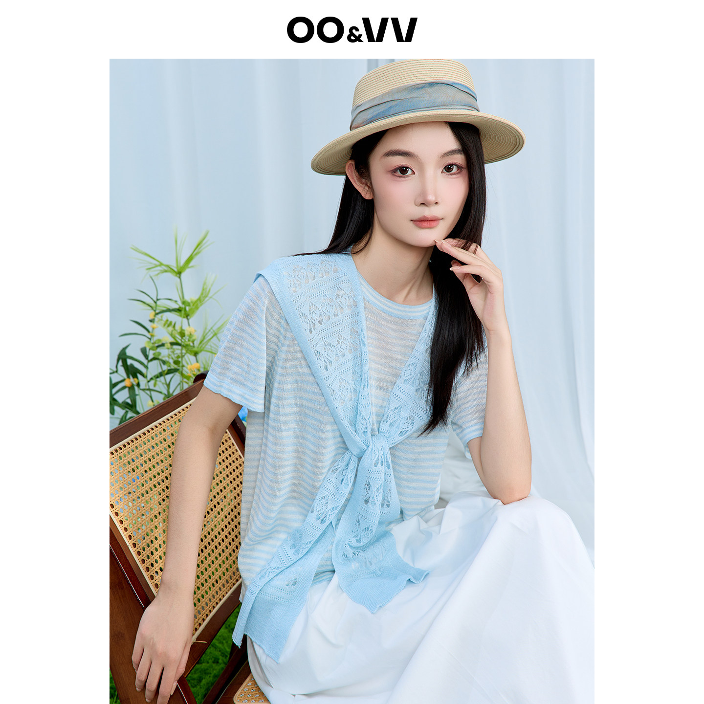 oo&vv法式蕾丝披肩+条纹透视短袖T恤女2026夏甜美减龄淑女清凉风