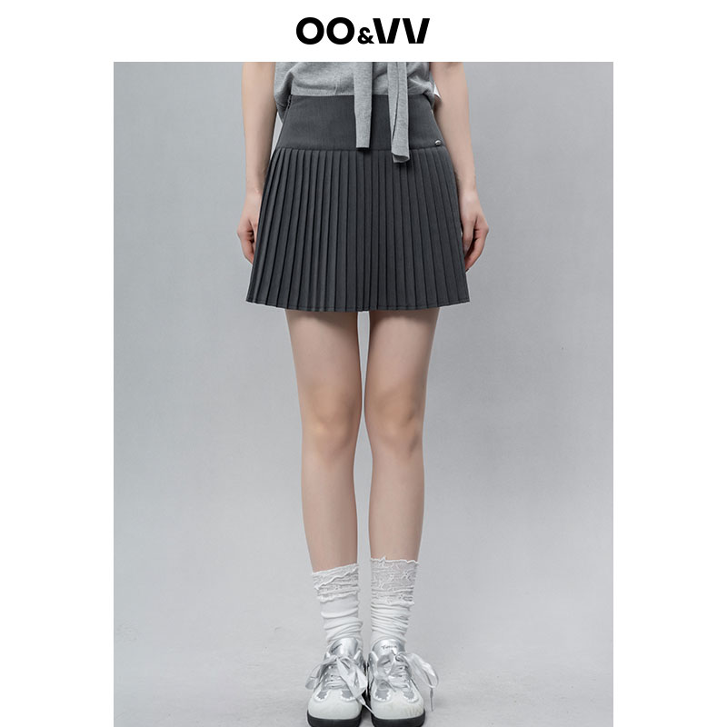 oo&vv灰色百褶半身裙女2025夏季新款复古显高小个子气质a字短裙子
