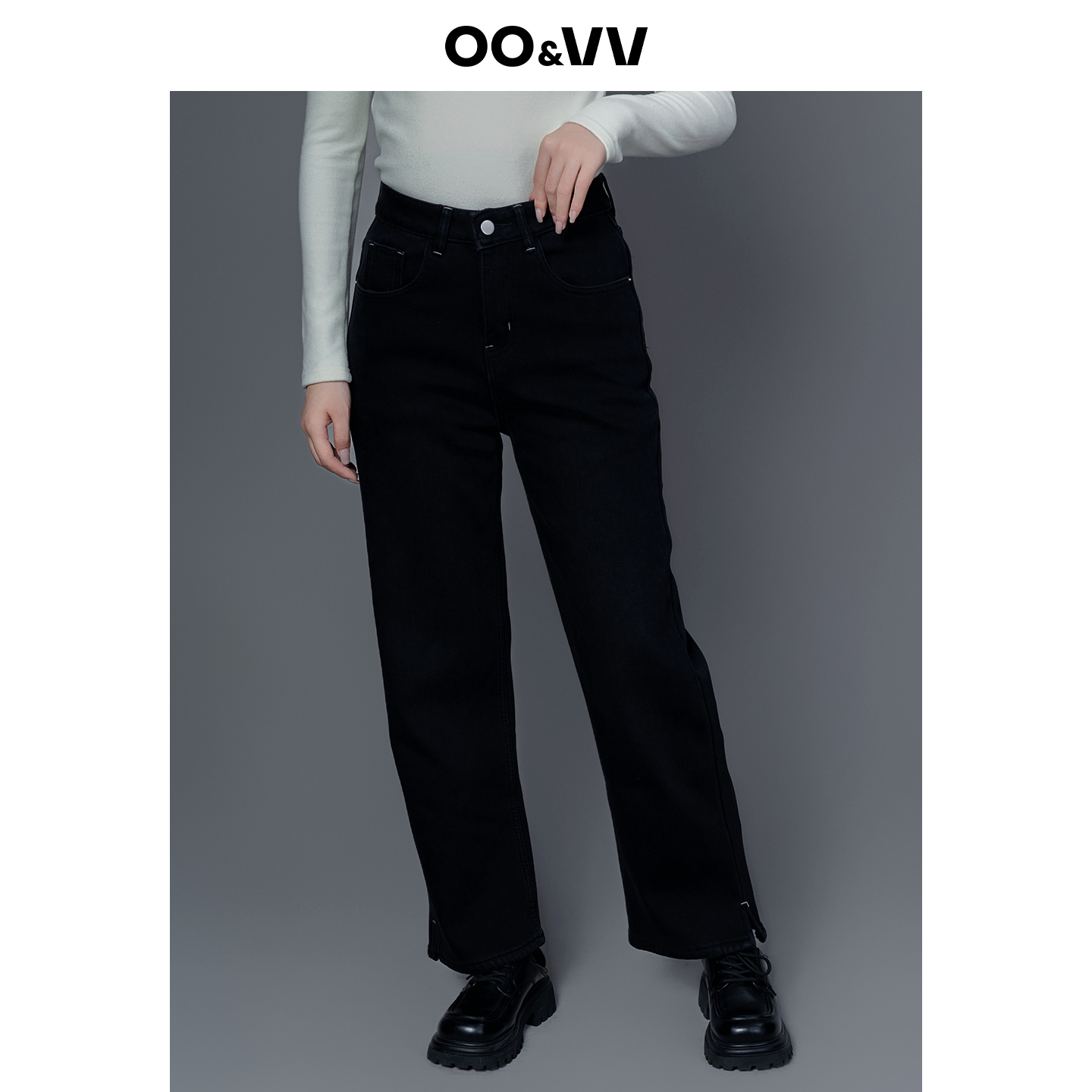 oo&vv加绒牛仔直筒裤女25年秋冬新高腰宽松遮胯显瘦百搭烟管裤女