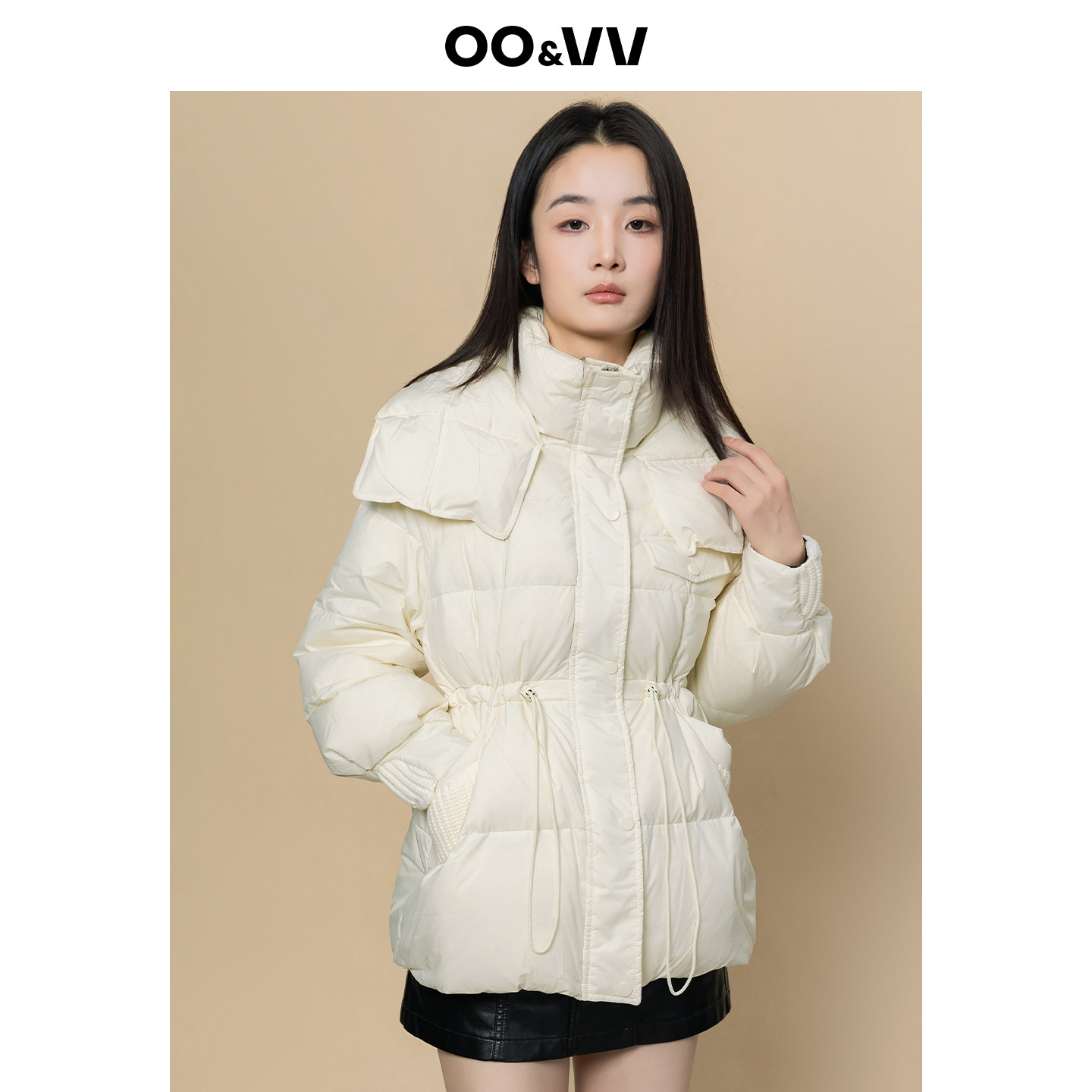 oo&vv甜美大方领中长款白色羽绒服女冬保暖系带收腰泡芙保暖外套