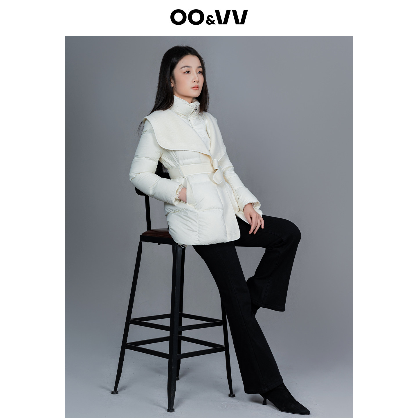 oo&vv白色中长款羊毛大翻领羽绒服女冬系带收腰显瘦拼接鸭绒外套