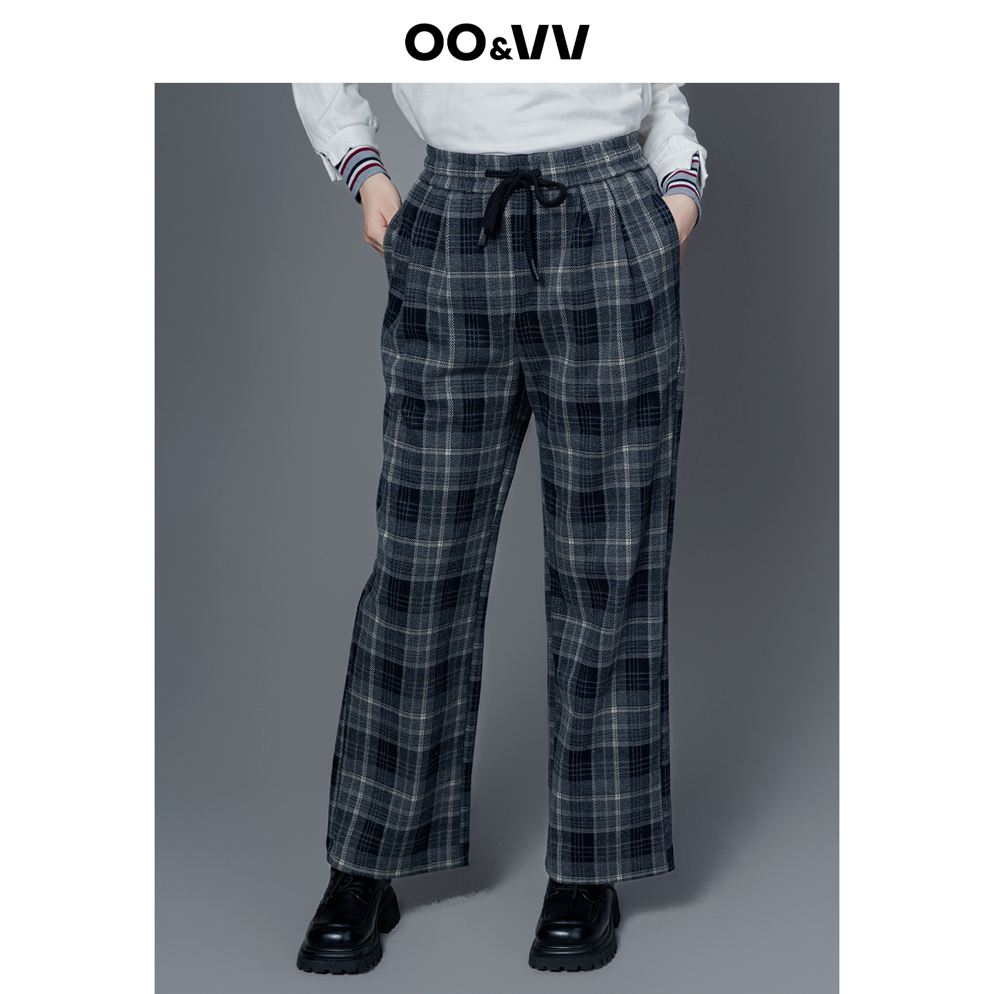 oo&vv舒适柔软加绒保暖高腰显瘦阔腿裤女2025秋冬新款系带休闲裤